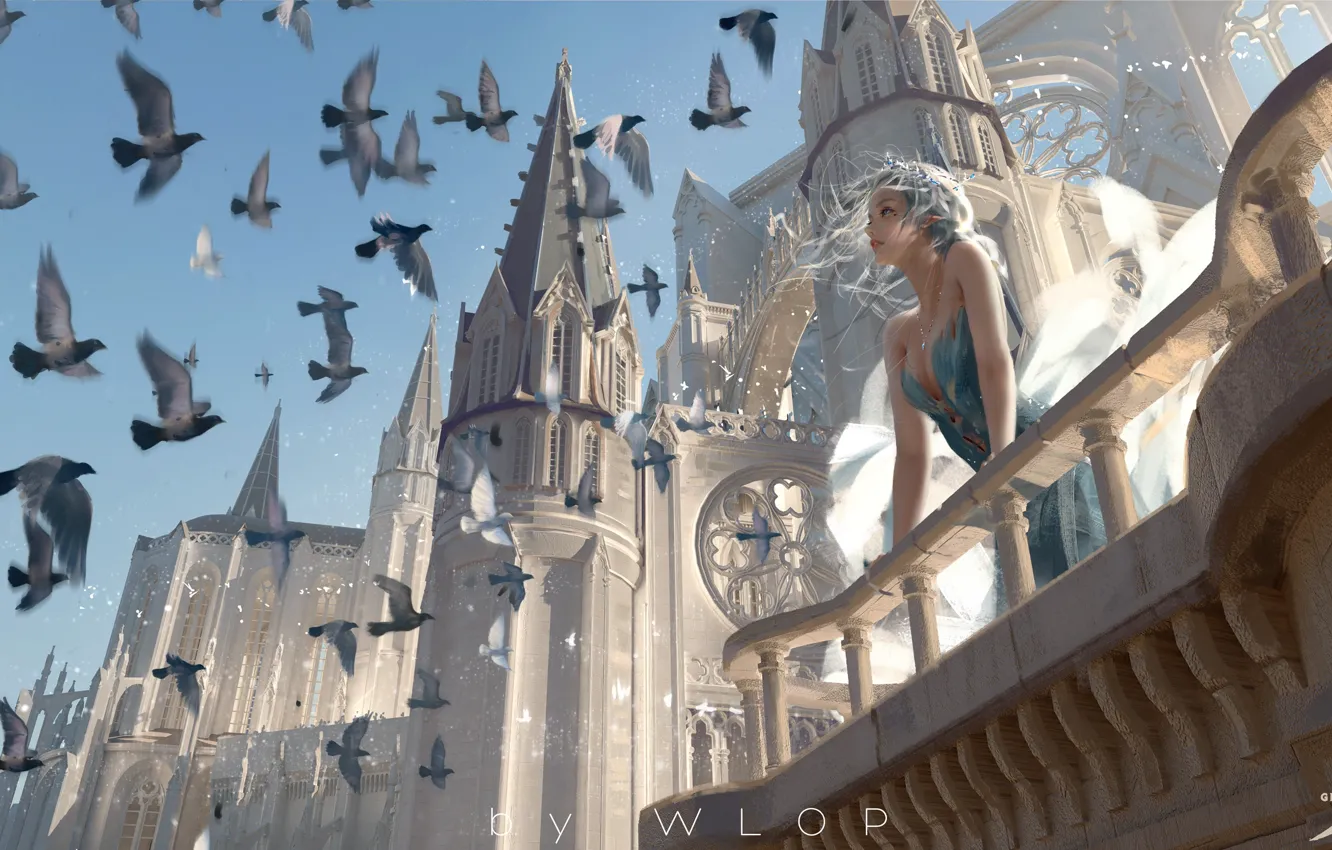 Фото обои девушка, птицы, здание, фэнтези, арт, голуби, башни, балкон