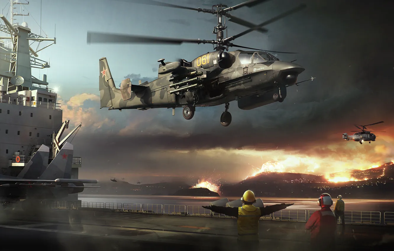 Фото обои вертолет, авианосец, боевой, дали, аллигатор, российский, Ка-52, над