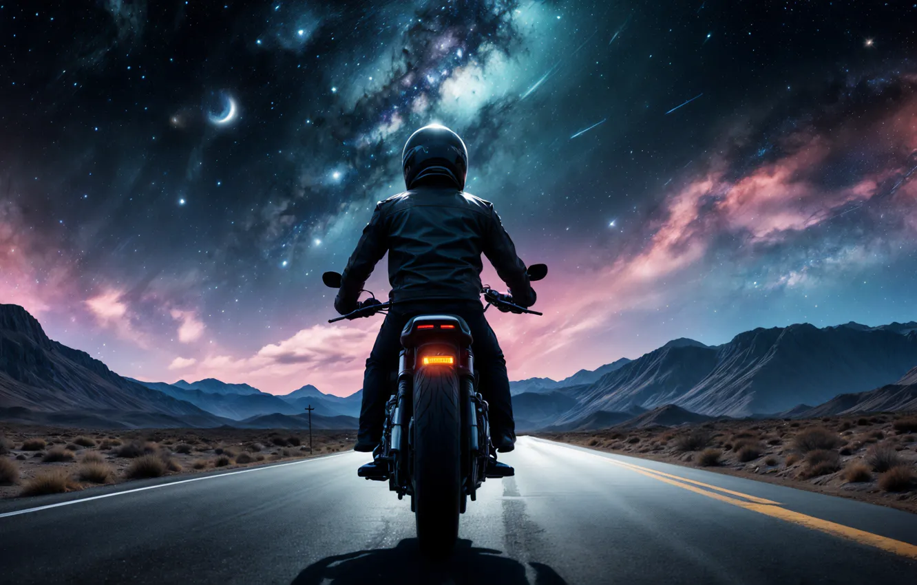Фото обои Fantasy, Surreal, Biker, AI art, Road trip, Dreamlike, Beautiful Sky