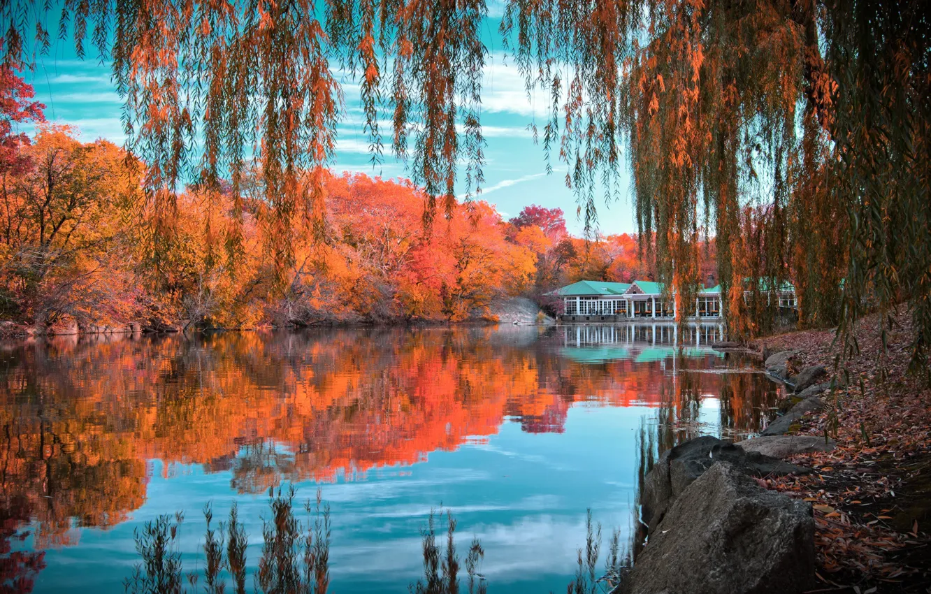 Фото обои осень, небо, облака, деревья, озеро, отражение, камни, листва
