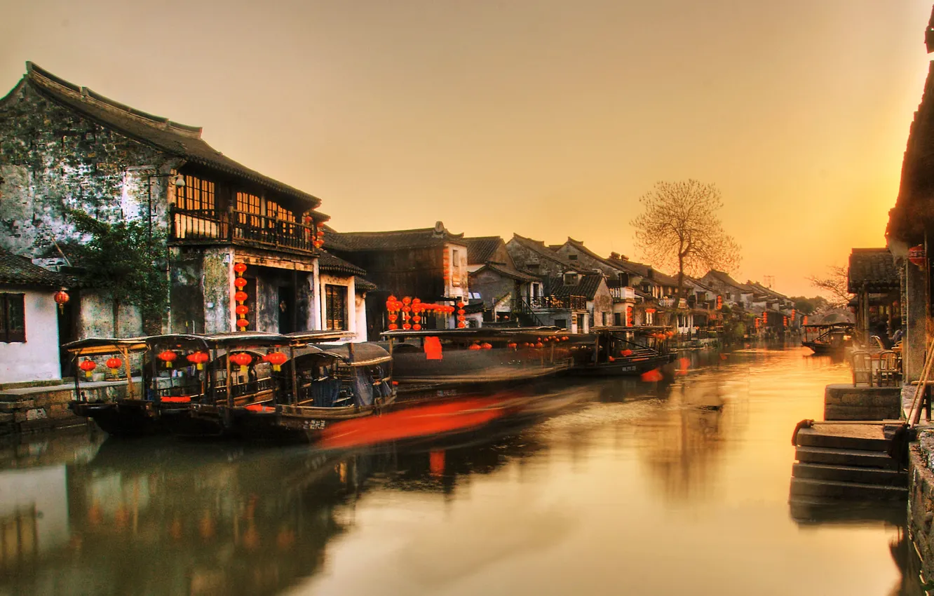 Фото обои город, река, China, лодки, Китай, old building, Zhejiang province, Xitang