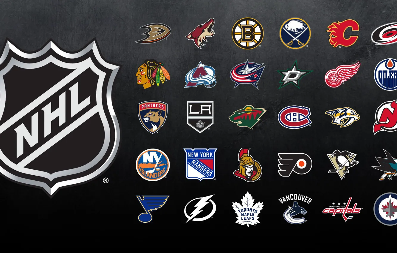 Фото обои черный фон, NHL, НХЛ, black background, team logos, professional hockey clubs, логотипы команд, профессиональные хоккейные …