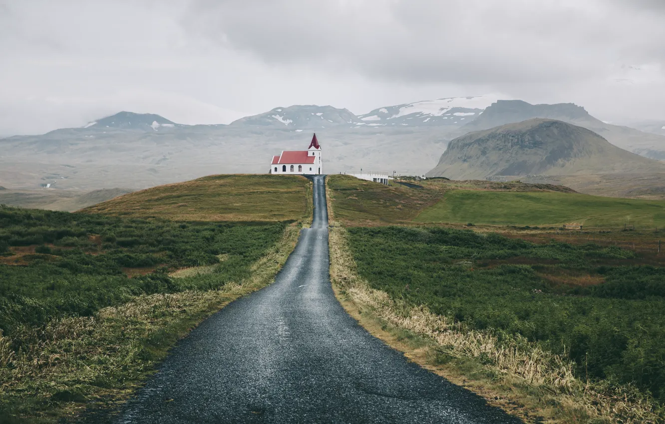 Фото обои дорога, поле, храм, Iceland, Snaefellsnesog Hnappadalssysla, Rif