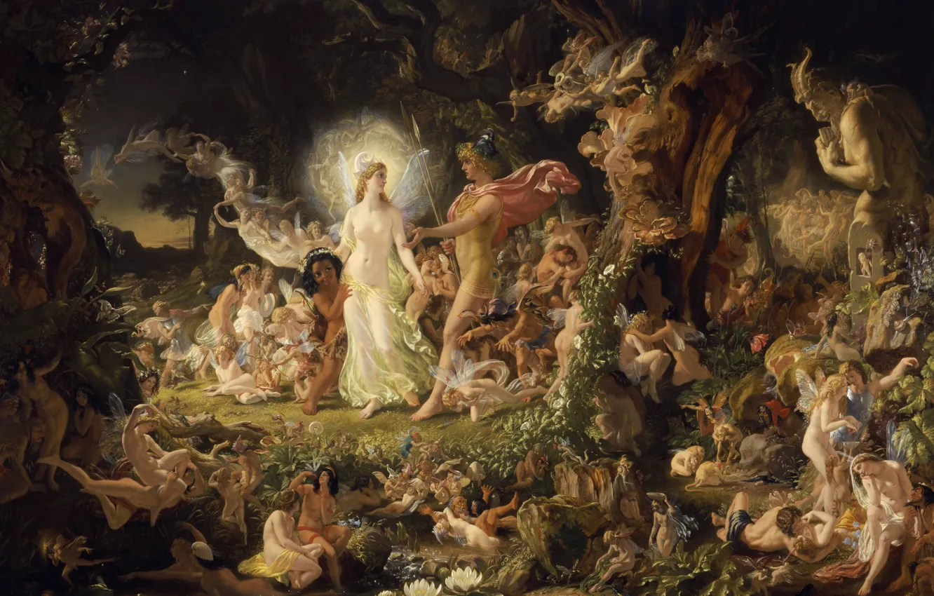 Фото обои forest, fairy, art, Sir Joseph Noel Paton, The Quarrel of Oberon and_ Titania