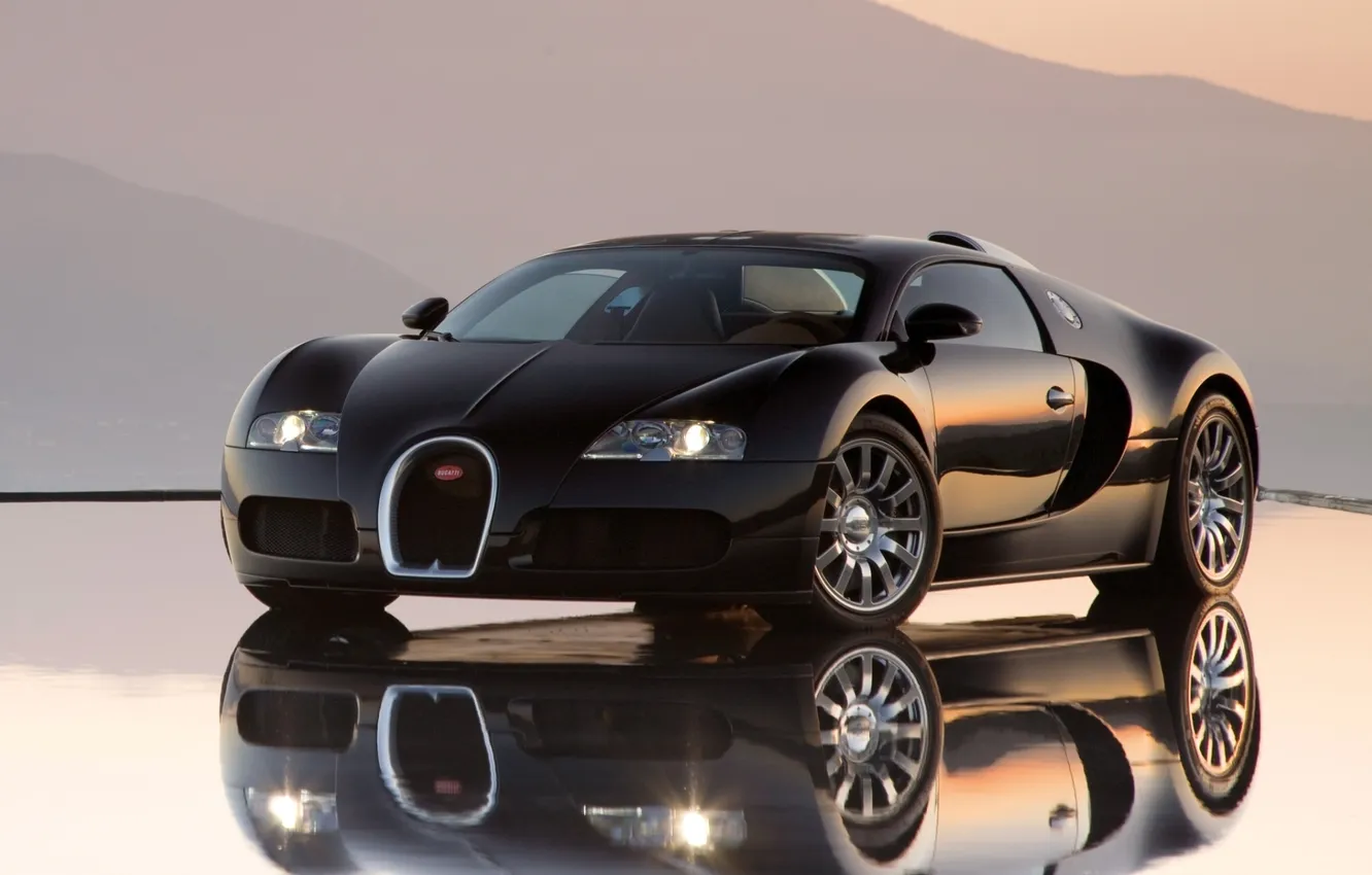 Фото обои отражение, фон, Бугатти, Bugatti, Вейрон, Veyron, суперкар, передок