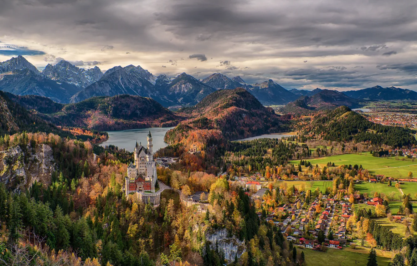 Фото обои осень, небо, деревья, горы, тучи, Германия, Бавария, день