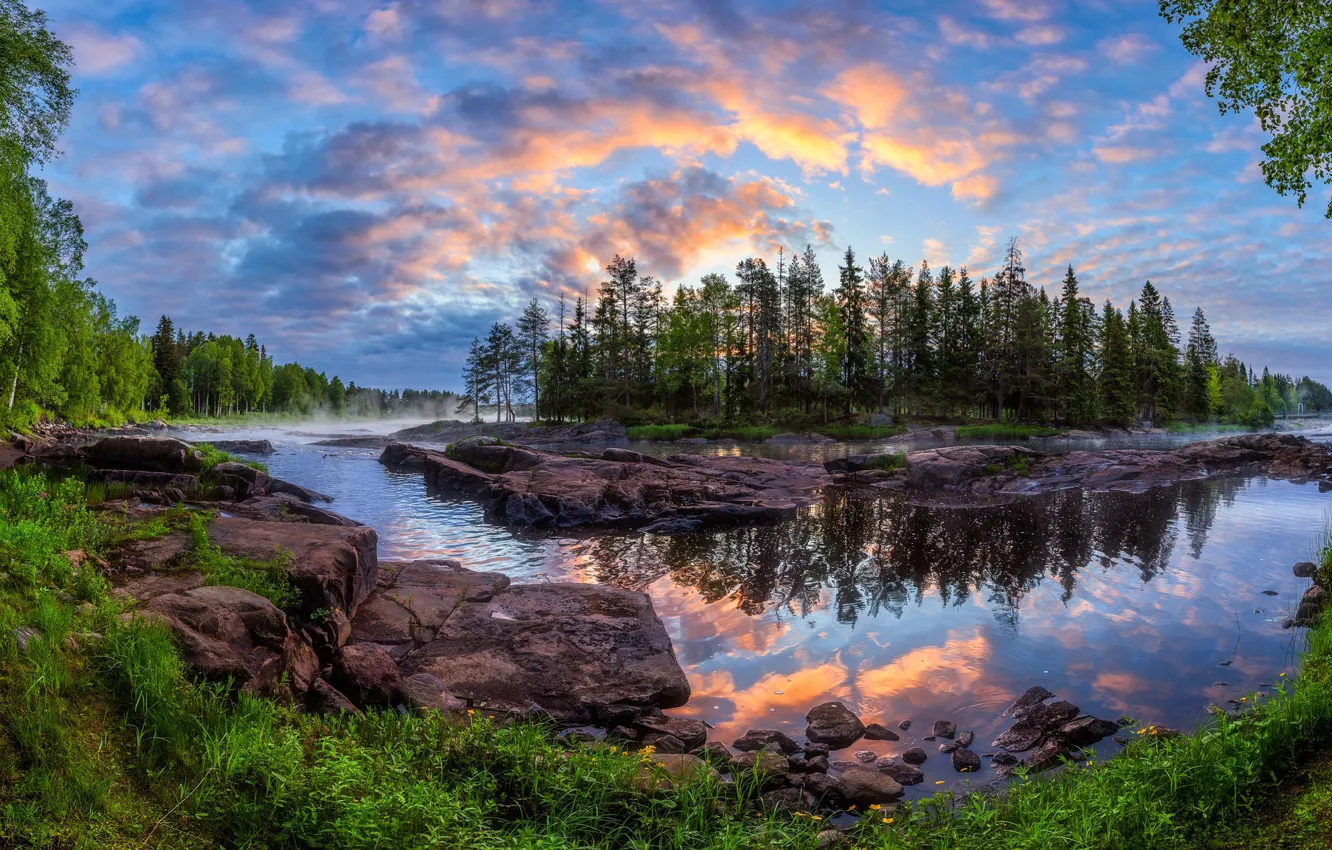 Фото обои лес, деревья, отражение, река, рассвет, остров, утро, Финляндия