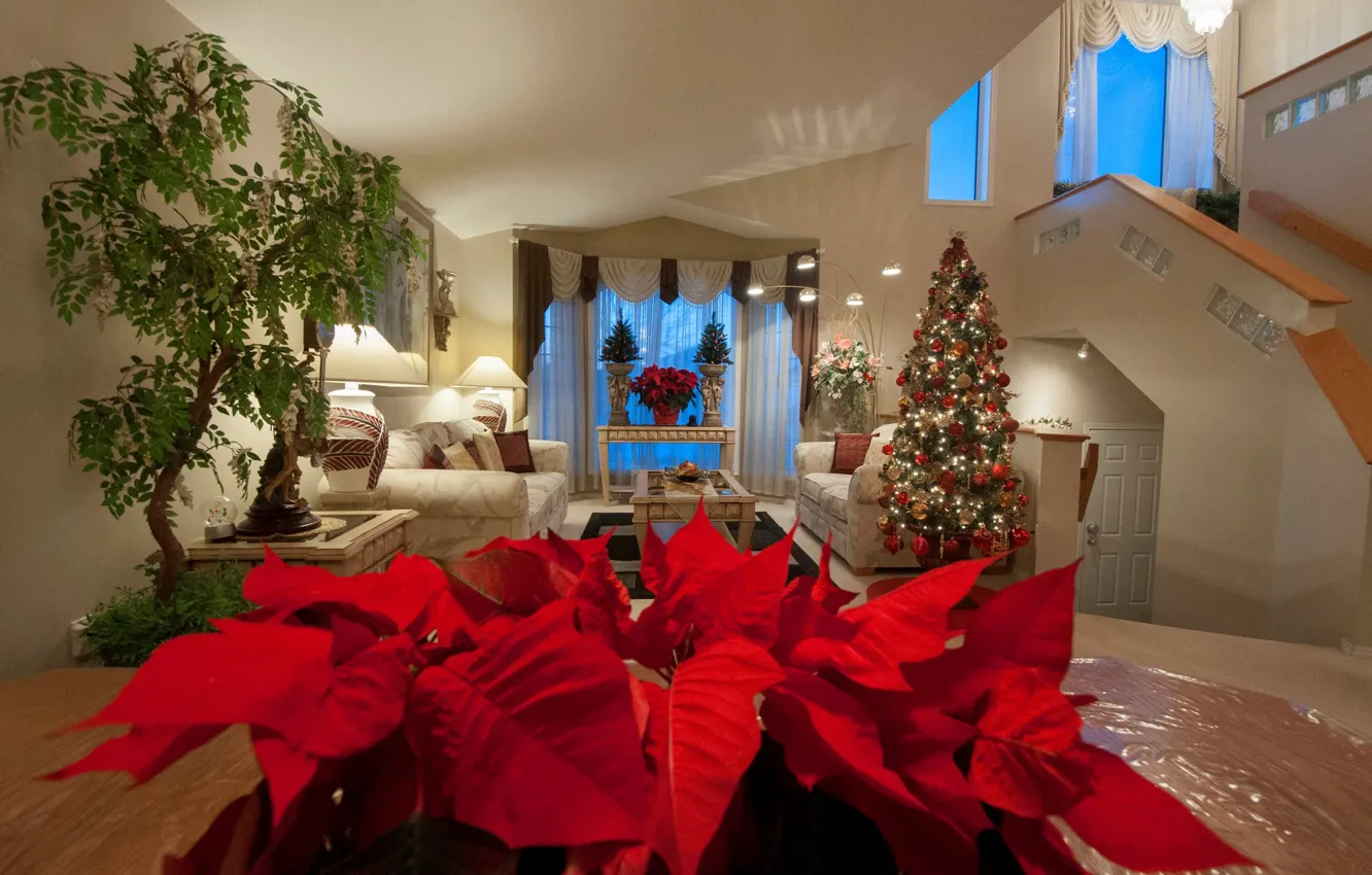Фото обои цветы, стол, комната, диван, праздник, елка, Новый Год, Рождество
