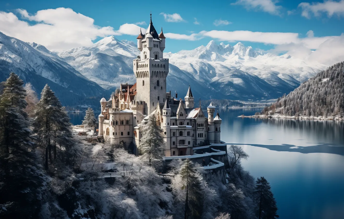 Фото обои зима, снег, горы, природа, озеро, замок, старый, landscape