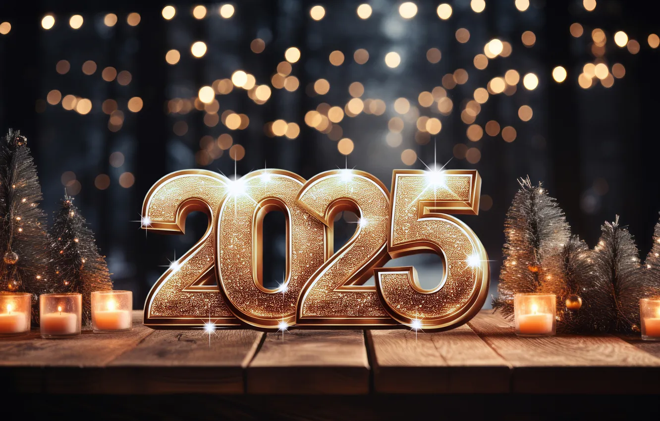 Фото обои золото, цифры, Новый год, golden, new year, background, bokeh, decoration