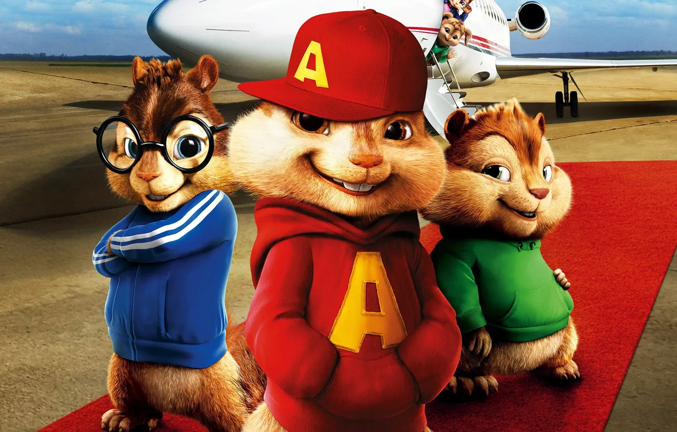 Фото обои cinema, airport, movie, jet, film, animated film, animated movie, Alvin and the Chipmunks