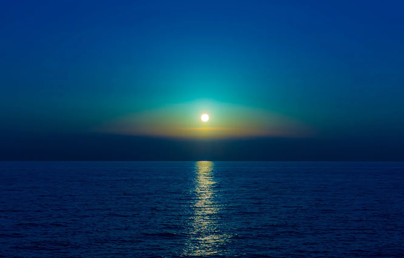 Фото обои море, отражение, луна, зеркало, горизонт, лунный свет