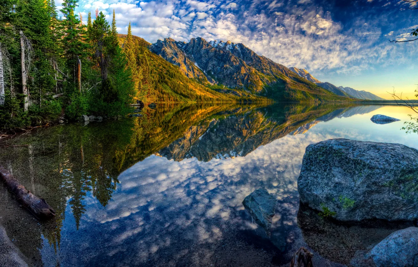 Фото обои лес, деревья, горы, озеро, отражение, камни, берег, США