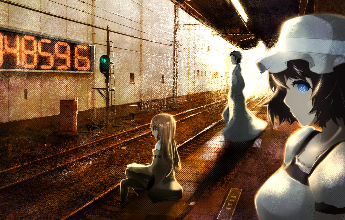 Фото обои станция, халат, steins gate, ученый, lab, rintaru okabe, ринтару окабэ, окарин