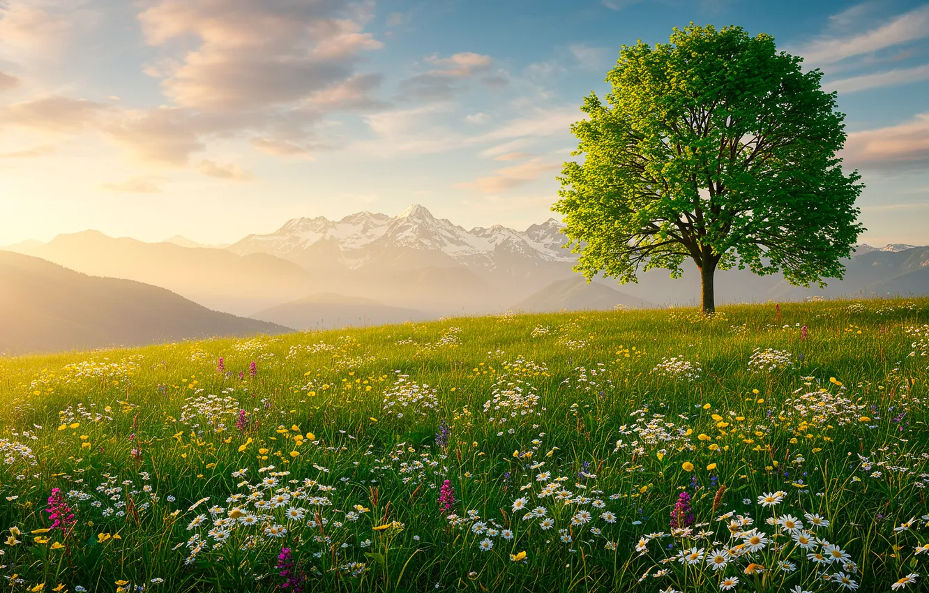Фото обои небо, цветы, горы, дерево, wallpaper, sky, flowers, mountains