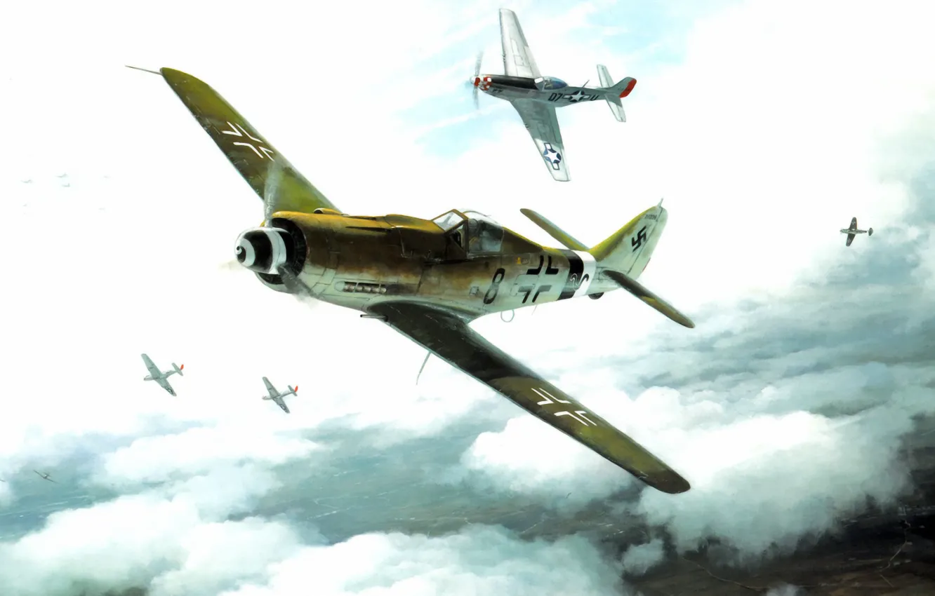 Фото обои war, art, painting, aviation, ww2, fw 190, german fighter, p-51 mustang