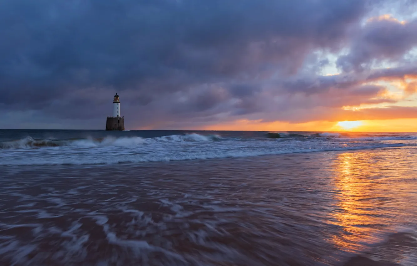 Фото обои море, закат, берег, маяк, Rattray Head Lighthouse, Aberdeenshire