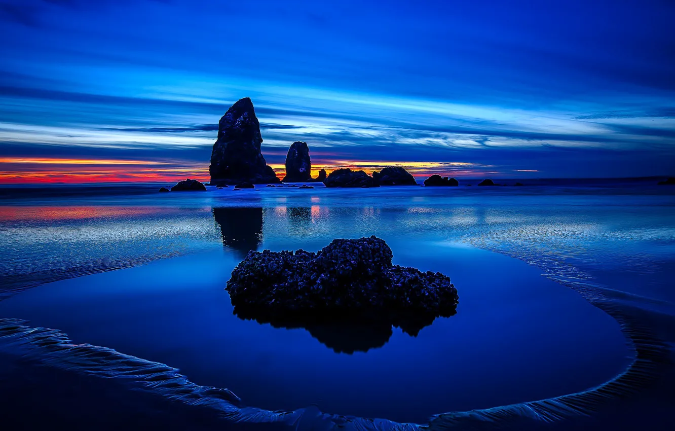 Фото обои скалы, берег, отлив, Орегон, зарево, США