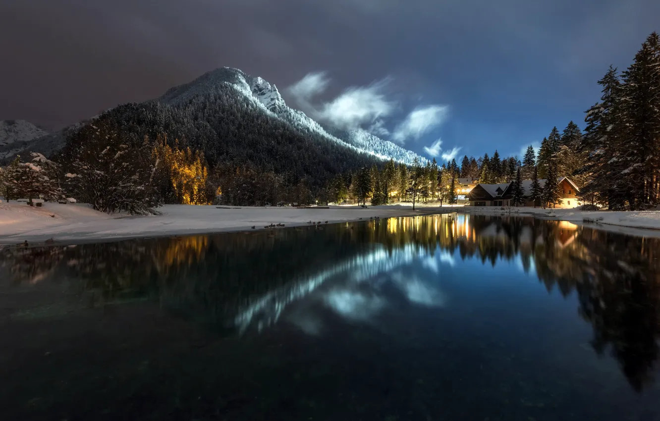 Фото обои горы, ночь, озеро