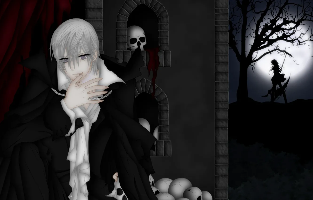Фото обои девушка, ночь, парень, Vampire Knight, рыцарь вампир