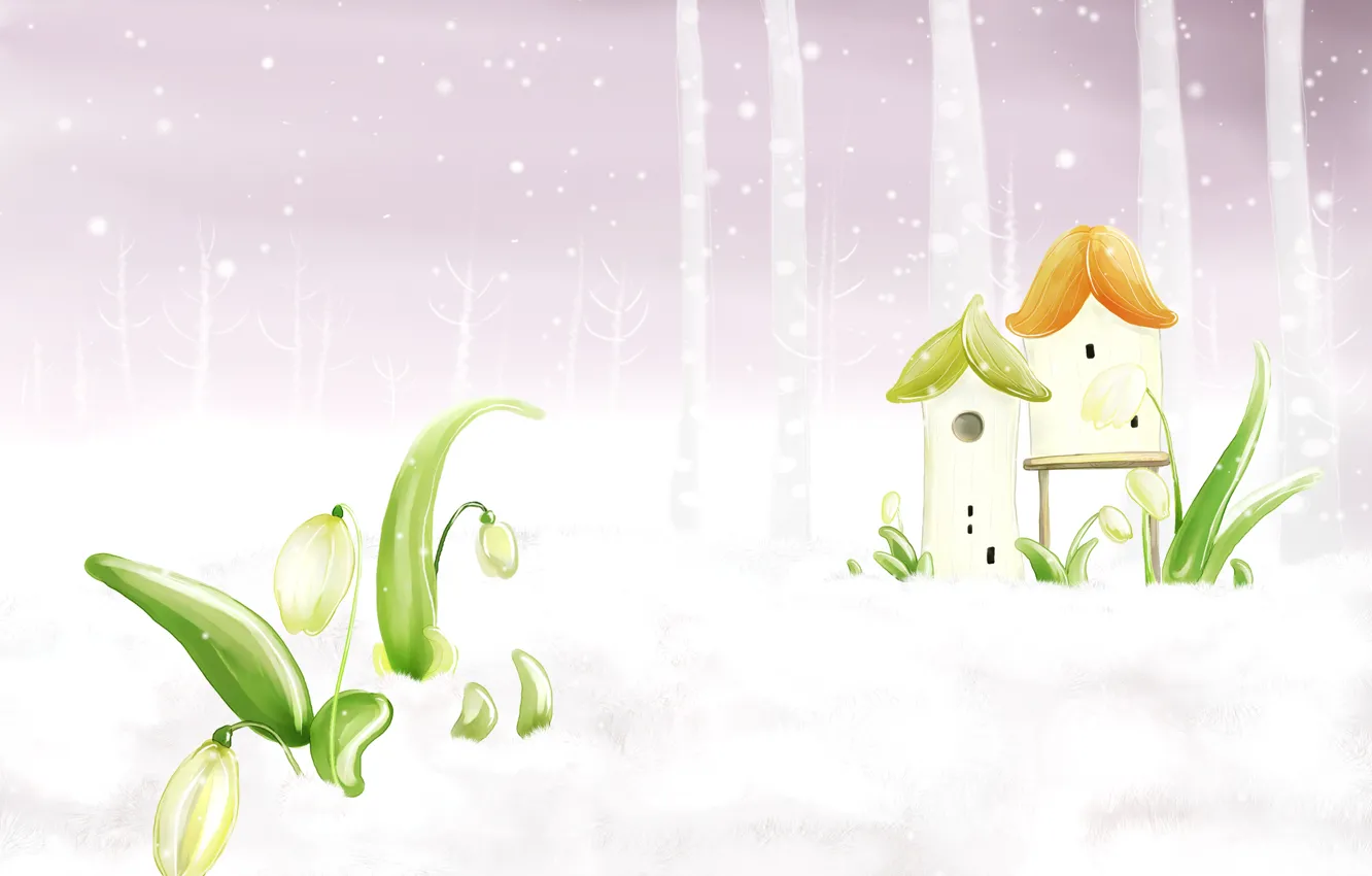 Фото обои снег, весна, домик, поснежник