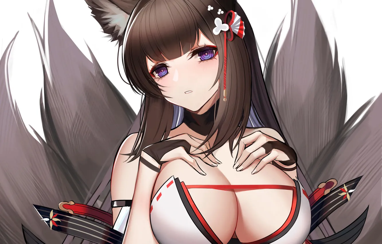 Фото обои girl, sexy, cleavage, blouse, long hair, brown hair, boobs, animal ears