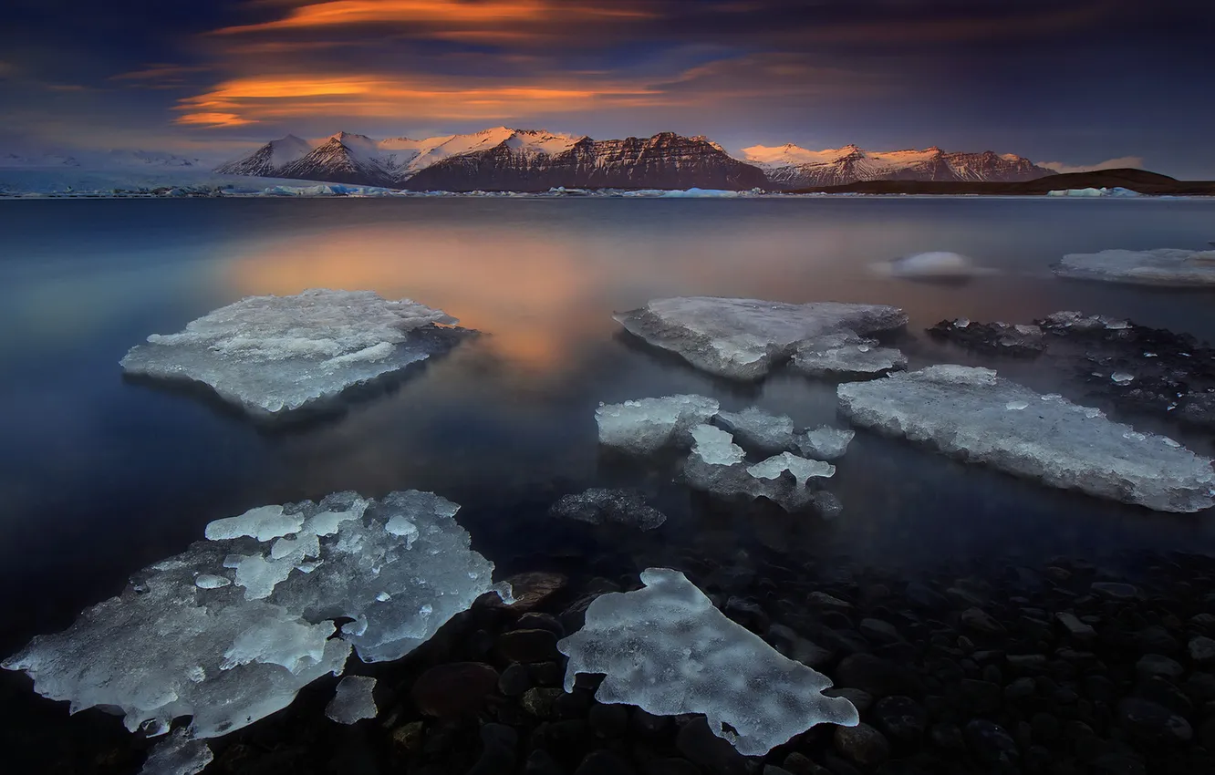 Фото обои горы, ночь, природа, озеро, лёд