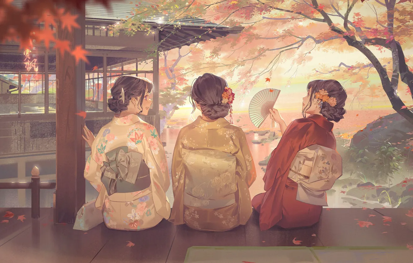 Фото обои пруд, японки, Япония, веер, кимоно, беседка, кленовые листья, три девушки