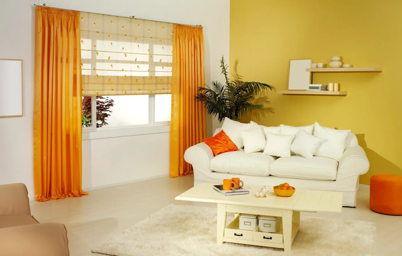 Фото обои оранжевый, дизайн, стиль, диван, мебель, интерьер
