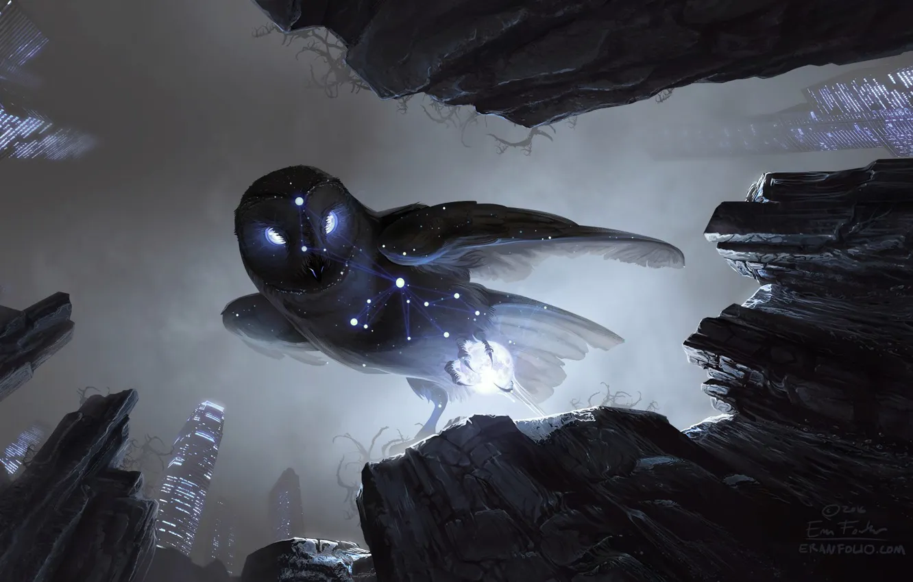 Фото обои взгляд, туман, фантастика, скалы, сова, птица, здания, арт