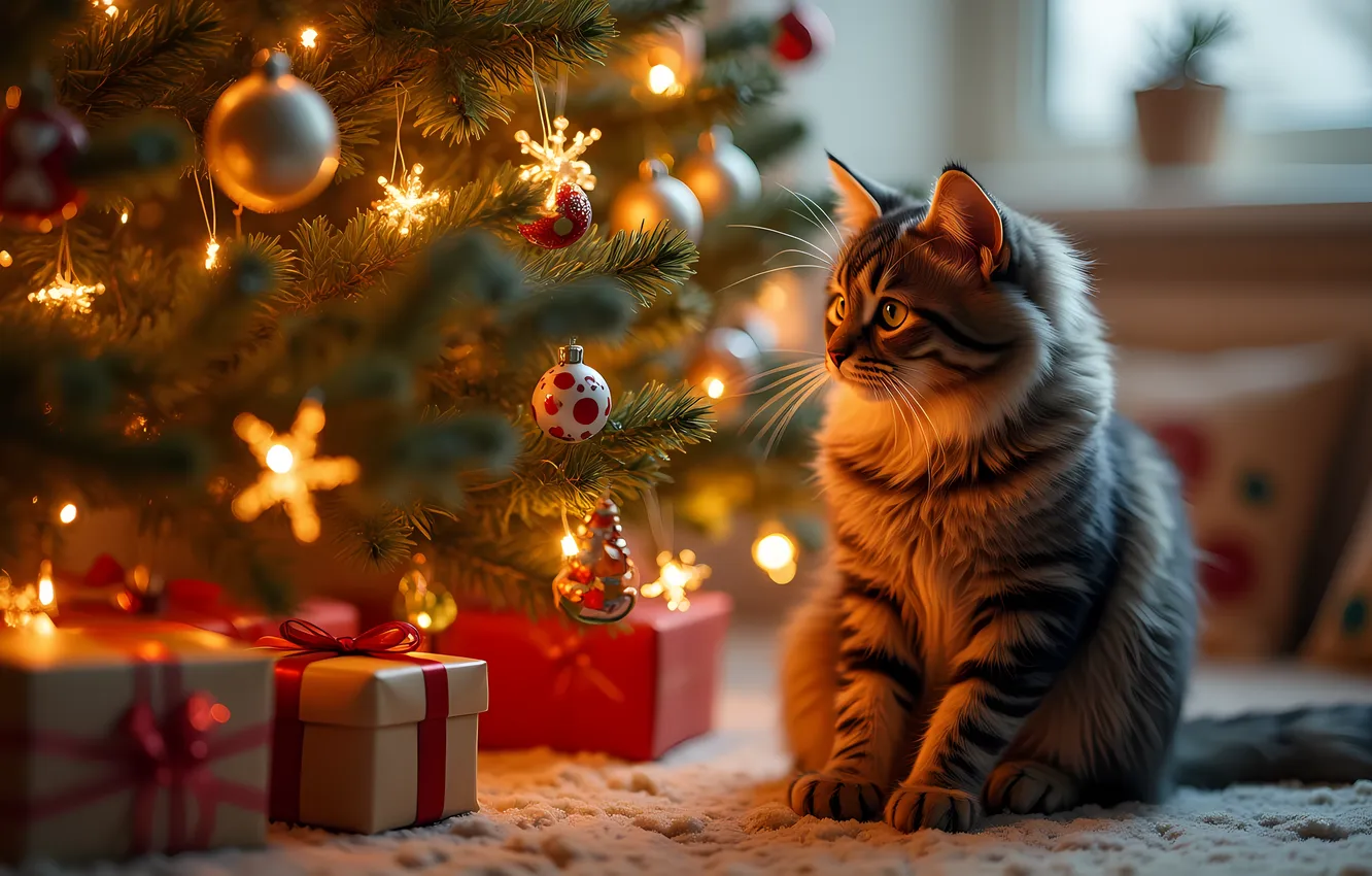 Фото обои кошка, взгляд, шарики, снежинки, огни, поза, котенок, серый