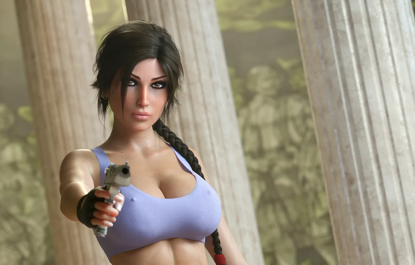 Фото обои грудь, взгляд, девушка, рендеринг, пистолет, lara croft, tomb raider