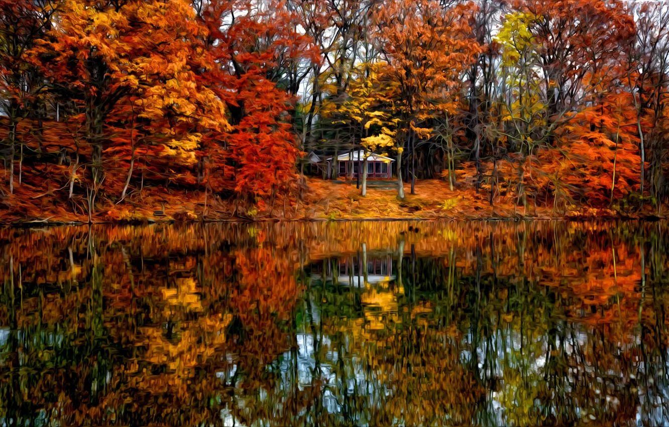 Фото обои осень, лес, деревья, пейзаж, вилла, дома, Природа, house