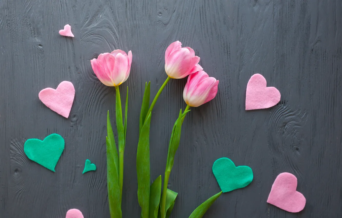 Фото обои цветы, букет, сердечки, тюльпаны, love, розовые, wood, pink