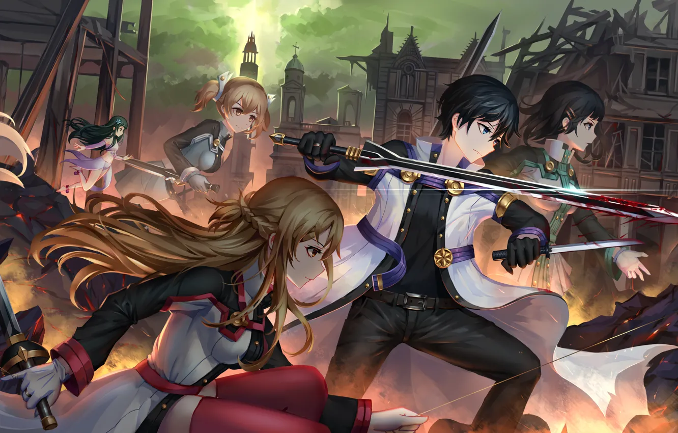 Фото обои девушки, кровь, меч, аниме, арт, парень, персонажи, Мастера меча онлайн