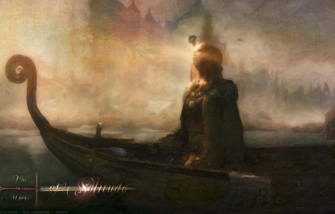 Фото обои girl, Skyrim, boat, The Elder Scrolls V Skyrim, mist, pray