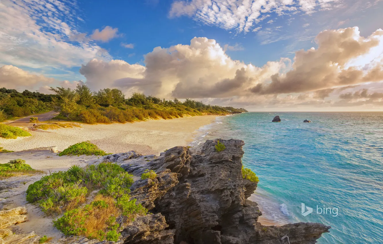 Фото обои море, пляж, облака, природа, камни, Уорвик Лонг-Бей, Бермудские острова