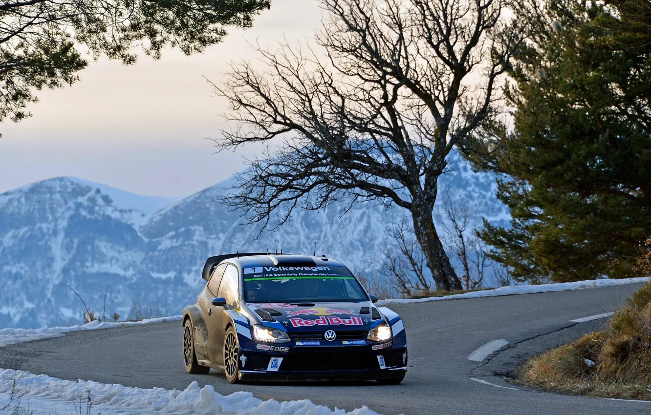 Фото обои Горы, Синий, Volkswagen, Поворот, Monte Carlo, Polo, Sebastien Ogier