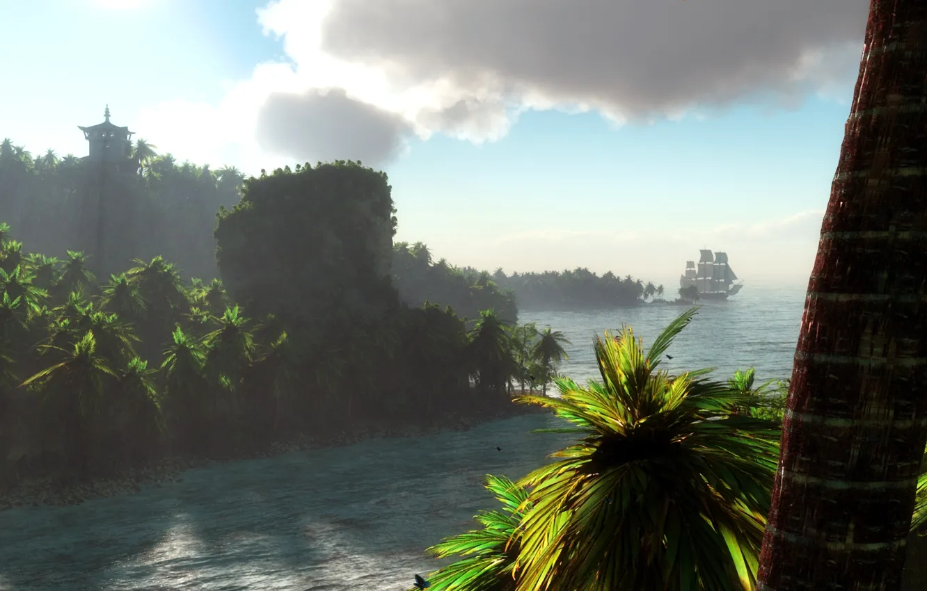 Фото обои пейзаж, тропики, река, пальмы, корабль, парусник, арт, ствол