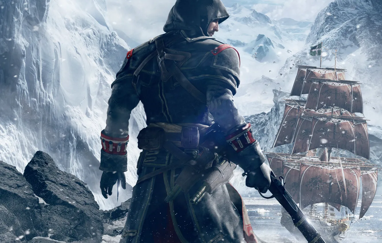 Фото обои снег, горы, оружие, спина, корабль, лёд, капюшон, Тамплиер