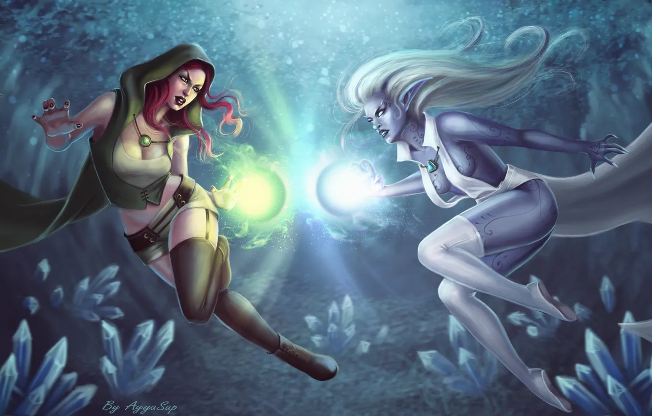 Фото обои девушки, магия, фэнтези, арт, кристаллы, битва, эльфийка