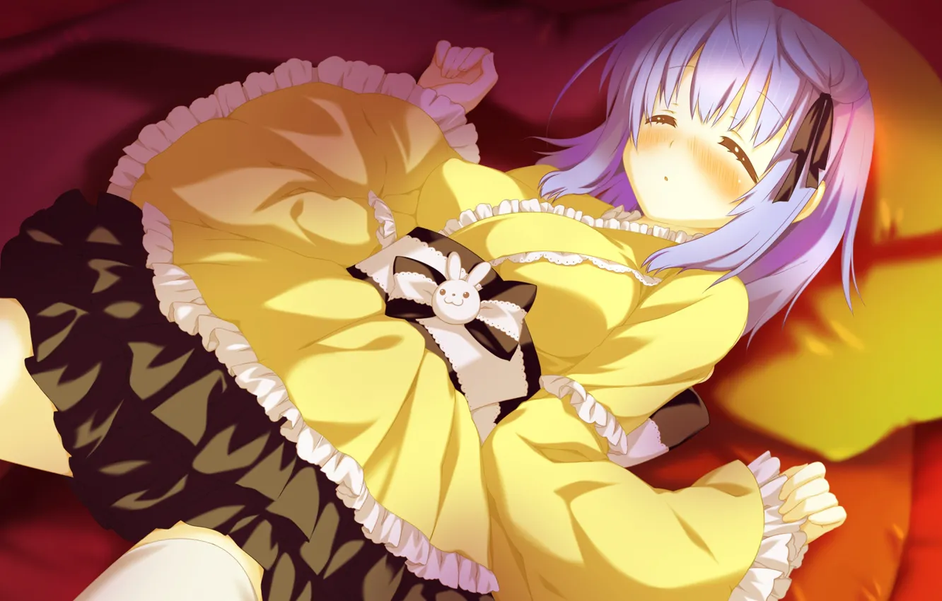 Фото обои оборки, visual novel, лежит на спине, сиреневые волосы, спящая девочка, irotoridori no sekai, by kazuhiro …
