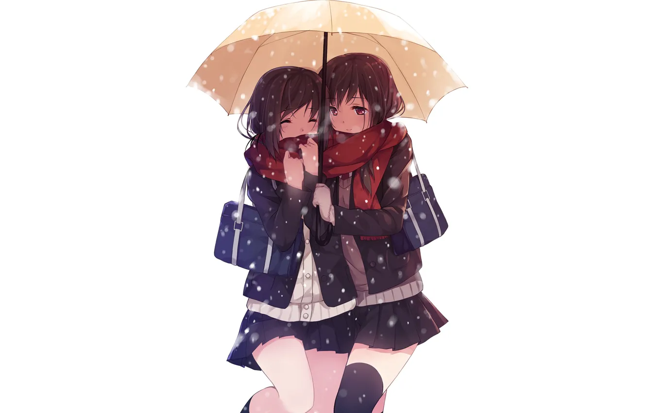 Фото обои девушки, девочки, зонт, аниме, белый фон