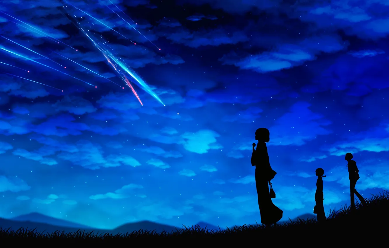 Фото обои небо, звезды, облака, ночь, девушки, аниме, парень, падающая звезда