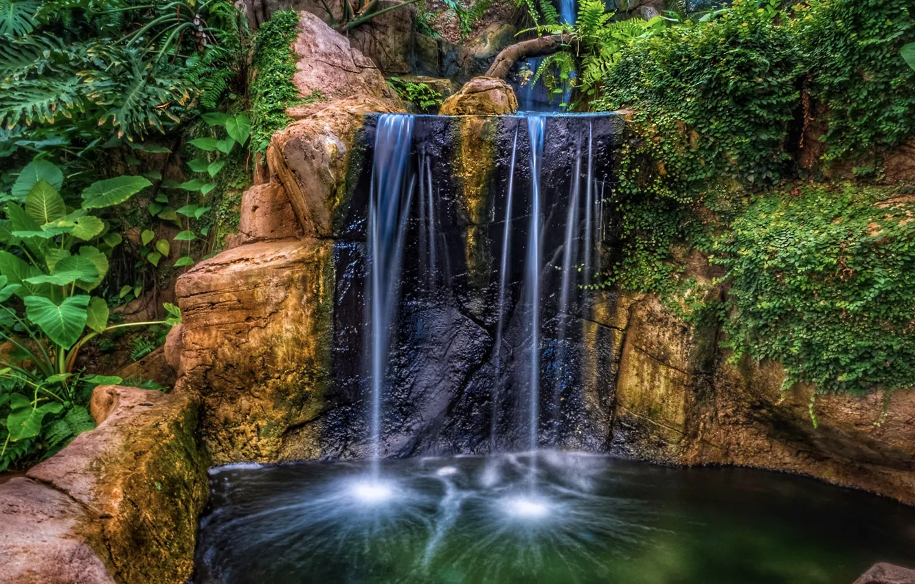Фото обои вода, скала, парк, водопад, HDR, растения, утес, nature