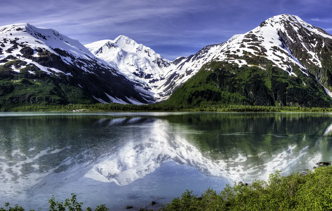 Фото обои горы, озеро, отражение, Аляска, Alaska, Portage Lake, ледник Портедж, озеро Портедж