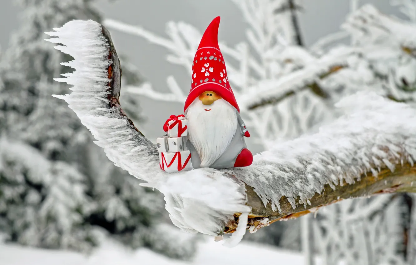 Фото обои иней, снег, красный, праздник, новый год, рождество, санта клаус, фигурка