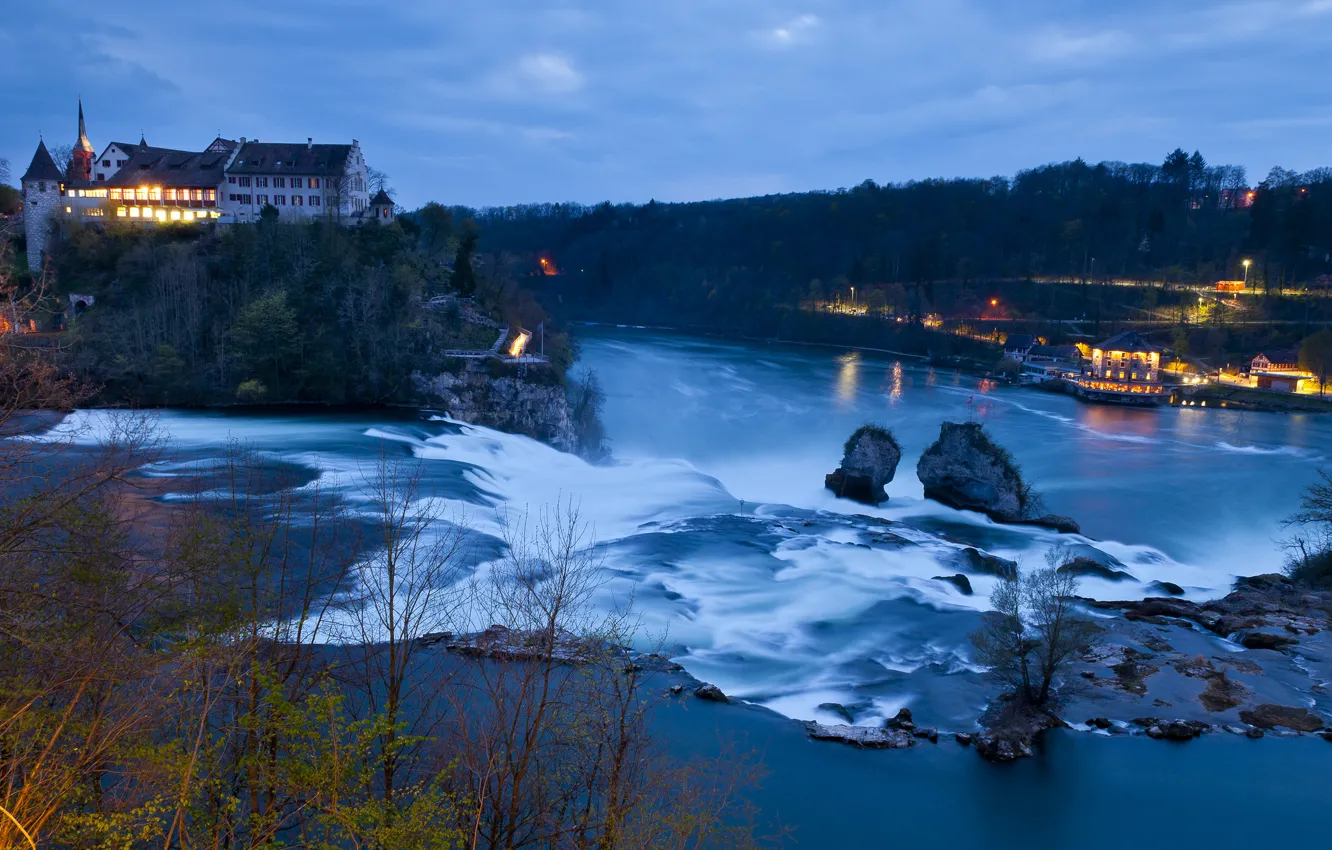 Фото обои река, замок, водопад, Швейцария, Switzerland, Schaffhausen, Rhine Falls