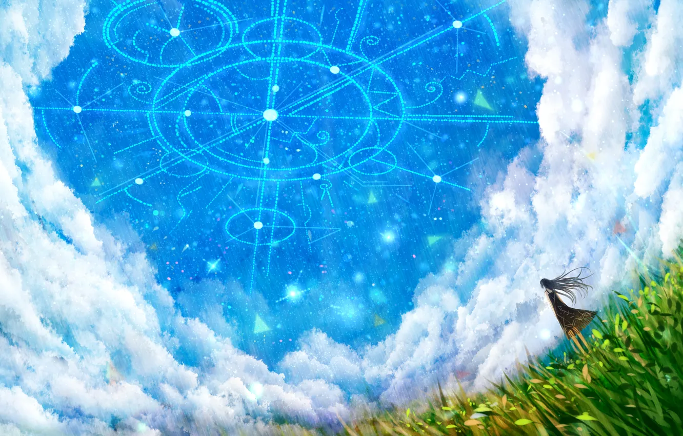 Фото обои небо, трава, девушка, звезды, облака, природа, аниме, арт