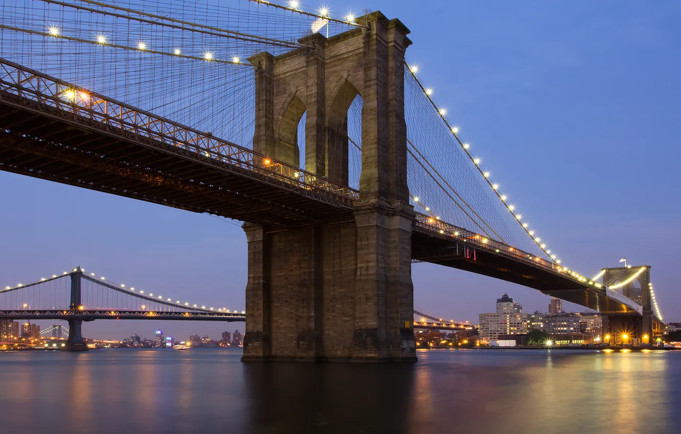 Фото обои вода, мост, огни, нью-йорк, манхеттен, new york, manhattan, бруклинский мост